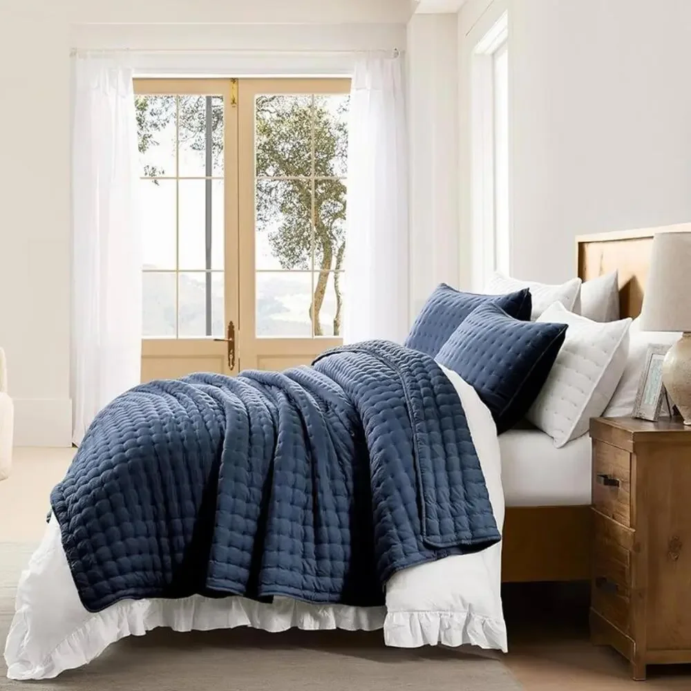 🆕 PB Style Queen Quilt Set Tufted Classic Navy Blue 3 piece Set